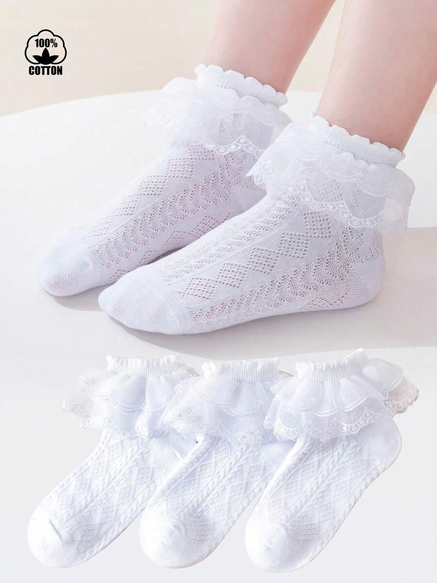 3 Pairs Cotton Butterfly Lace Mesh Frill Trim Socks, Suitable For Summer, Dance, Students, Princess - White - View 1