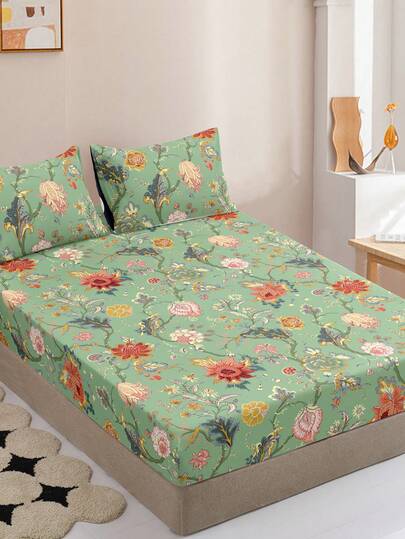 Vintage Oil Painting Floral Fitted Sheet 3 Pieces Set (1 Fitted Sheet + 2 Pillowcases, No Pillow Inserts), Moody Green Fitted Sheet, Bedroom Soft Furnishing Bedding Set