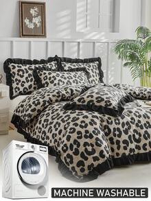 Bộ ga trải giường 2/3 món bằng polyester in họa tiết da báo có bèo nhún, bộ chăn ga gối thời trang cá nhân hóa phù hợp cho phòng ngủ, phòng khách, mọi mùa, mềm mại và thoáng khí, có thể giặt máy, món quà tuyệt vời, cỡ Queen, King (1 ga trải giường + 1/2 vỏ gối, không kèm ruột chăn) - Nhiều màu - Xem 8