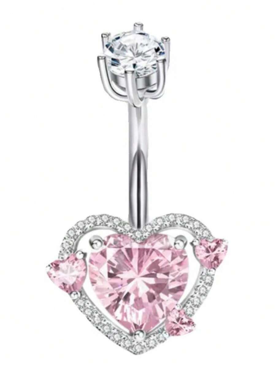 1件铜锆石粉色心形14G肚脐环，女士外螺纹人体饰品 - 粉紅色戀人 - 查看 1
