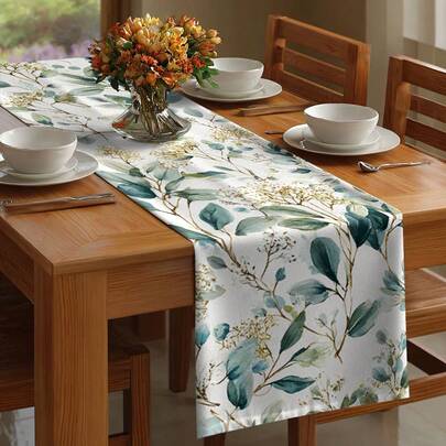 1件水彩桉树桌旗，绿叶黄花，植物图案设计，适用于餐厅、厨房、婚礼派对装饰