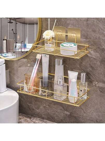 1pc Nordic Style Iron Wall Mounted Bathroom Storage Basket, No-Drill Bathroom Shower Organizer