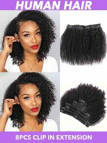 8片装巴西4B/4C男女通用成人真人发夹，真正的非洲卷曲蓬松接发，9A自然黑棕色夹式假发片，#1B #2卷曲夹式接发片，真人发，8/10/12/14/16/18/20英寸 - 彩色 - 查看 12