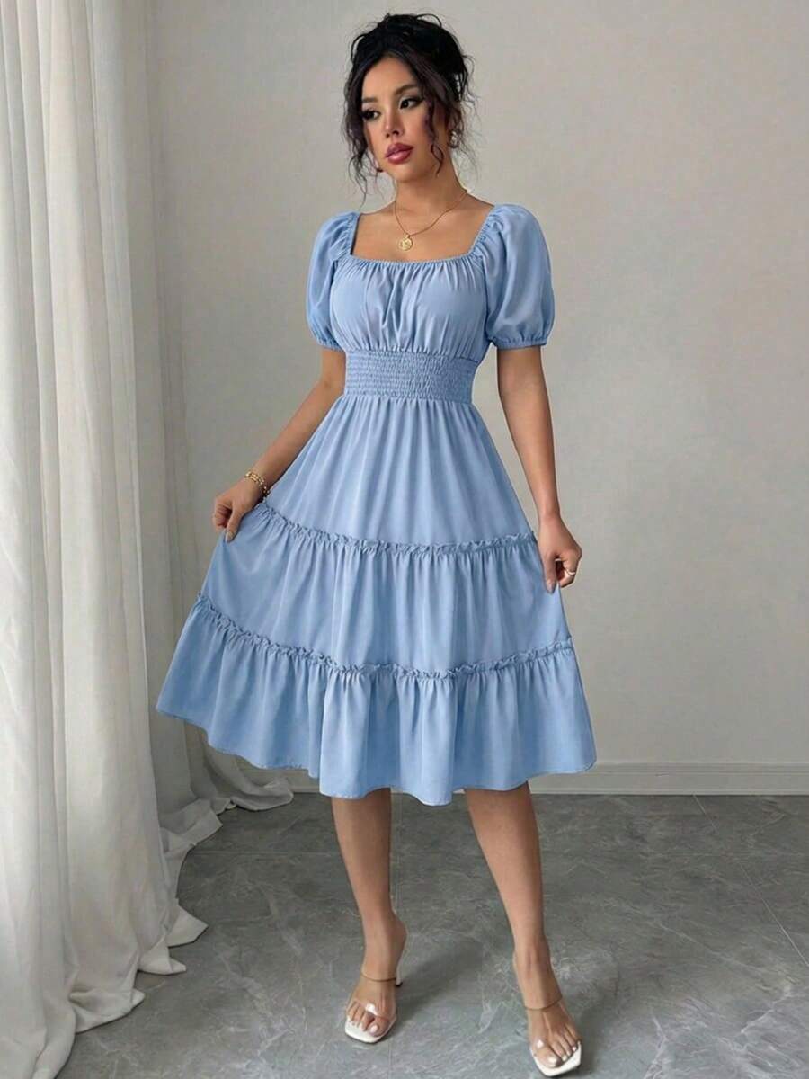 Summer Square Neck Smocked Dress Women's Short Sleeve Ruffle Trim Flounce Hem Solid Color Casual Beach Vacation Midi Dress - 淺藍色 - 查看 1