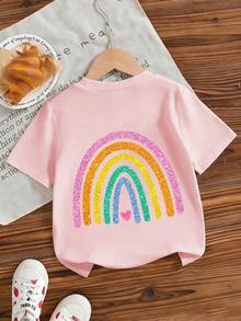 Young Girl Casual Funny Print Round Neck Short Sleeve T-Shirt, Summer Top - Pink - View 7