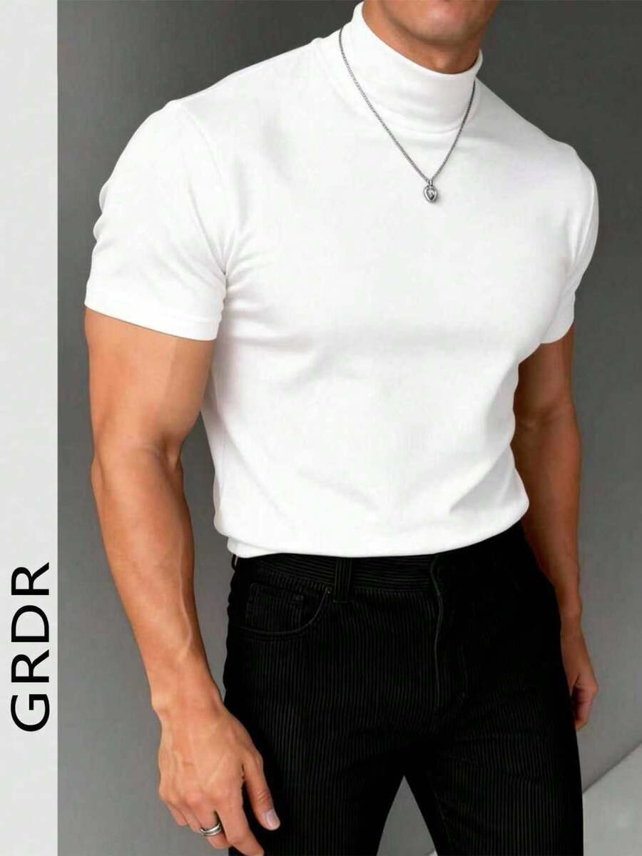 GRDR 男士时尚高领短袖T恤,夏季通勤百搭 - 白色 - 查看 1
