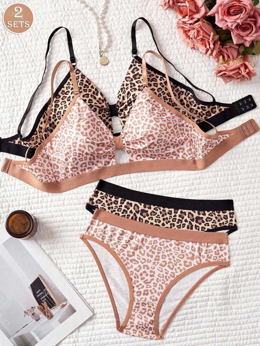2SETS Of Women's Leopard-Print, Sexy, Open-Work, French-Style Bra And Panty Set, Comfortable And Feature No Steel Underwire. The Top Features A Strap-Style Top With Printed Letter Patterns, A Visually Appealing Design On The Back, Breast Padding, Sporty-Style Bra, And A Soft Cup Leopard-Print Set Of Undergarments. - Multicolor - View 1