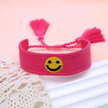 1pc Embroidered Smiling Face Handmade Braided Bohemian Style Adjustable Bracelet, Suitable For Friends, Family, Parties, Vacations, Concerts - Hot Pink - View 2