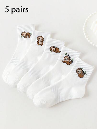 5 Pairs Unisex Cute Cartoon Sloth Print Socks, Comfortable & Fashionable, Suitable For Daily Casual Wear, Shorts, Skirts, Flats, Versatile For Spring/Summer