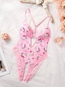 SANRIO 女士Hello Kitty粉色V领透视泰迪连体衣，性感内衣 - 粉色 - 查看 3