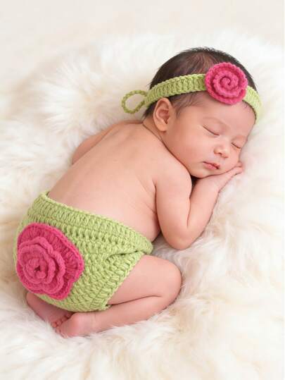 Newborn Baby Photography Studio Props Handmade Knitted Flower Headband & Pants Set, Crochet Infant Outfit, Contrast Color Photo Shoot Accessories, INS Style Baby Clothing