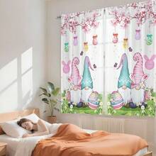2 Stücke Oster-Zwerg und Ei gemusterte Tüllvorhänge, verziert mit Wiesenmargeriten, Schleifen-verzierten Eiern und rosa Kirschblüten, sind halbtransparent und perfekt für Wohnzimmer/Schlafzimmer. Das Stangen-Tasche Design schafft eine festliche Frühlingsatmosphäre. - Verschiedenfarbig - Übersicht 6