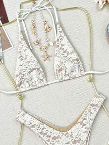 女士三件套沙滩装：三角上衣、高腰泳裤和波西米亚蕾丝花卉网纱纱笼裙，系带露背蝴蝶结设计，夏季沙滩比基尼泳装度假白色 - 白色 - 查看 7