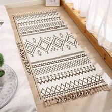 1pc Handmade Woven Tasseled Rug, Vintage Geometric Pattern Linen Bedroom/Living Room Decor Carpet, Bohemian Retro Geometric Lime Washable Linen Rug - Multicolor - View 15