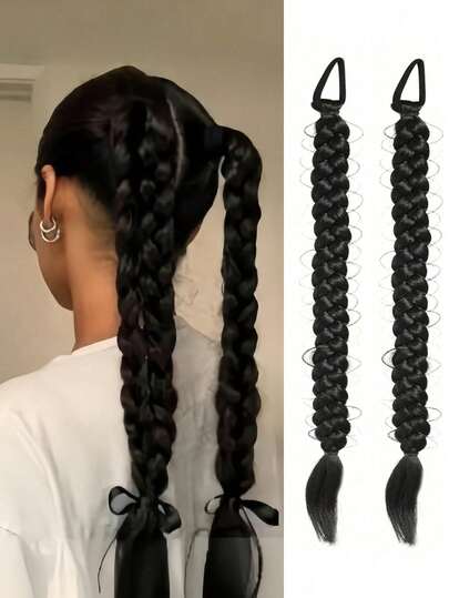 24 Inch Women's Long Hair With Braids And Ponytail, Fashion Long Synthetic Fiber Hair Extension With Braid And Ponytail