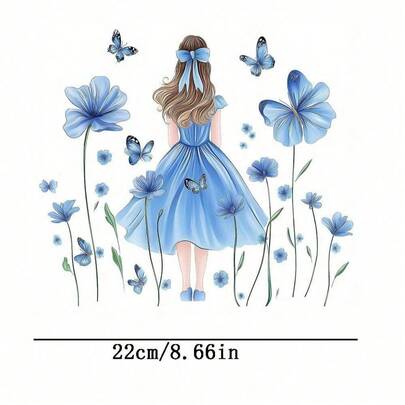 1 pieza/2 piezas/3 piezas Parche de transferencia de calor azul para niña, patrón degradado azul-púrpura, aplicable para camisetas, jeans, suéteres, bolsos, almohadas, cojines