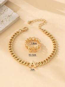 1 Set Women's Minimalist 26 English Letter Chain Pendant Bracelet & Ring Jewelry Set, Gift For Women Birthday - Yellow Gold - View 7