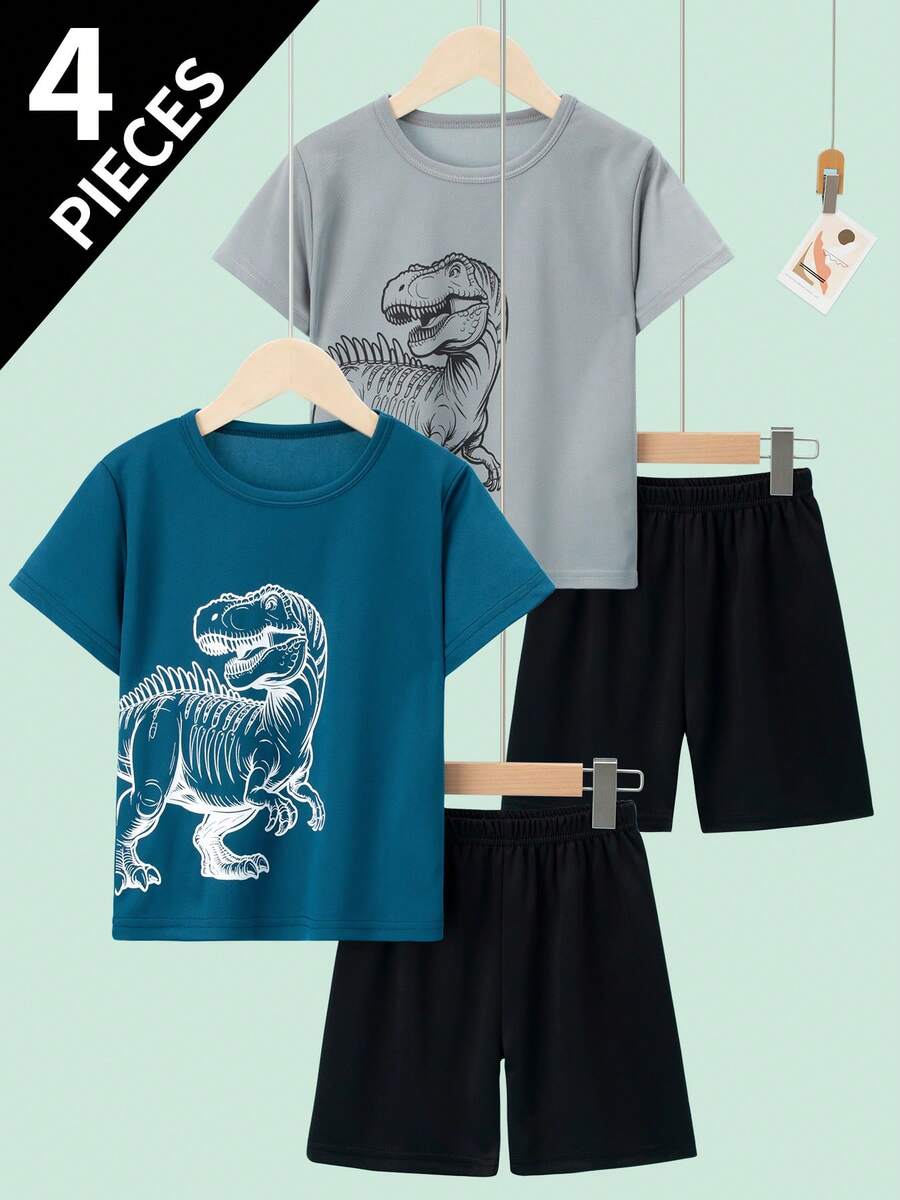 4pcs/Set Boys/Girls Dinosaur Print Short Sleeve T-Shirt And Shorts Outfit, Lightweight Casual Daily Wear, Suitable For 4-12 Years Old, Summer - Multicolor - View 1