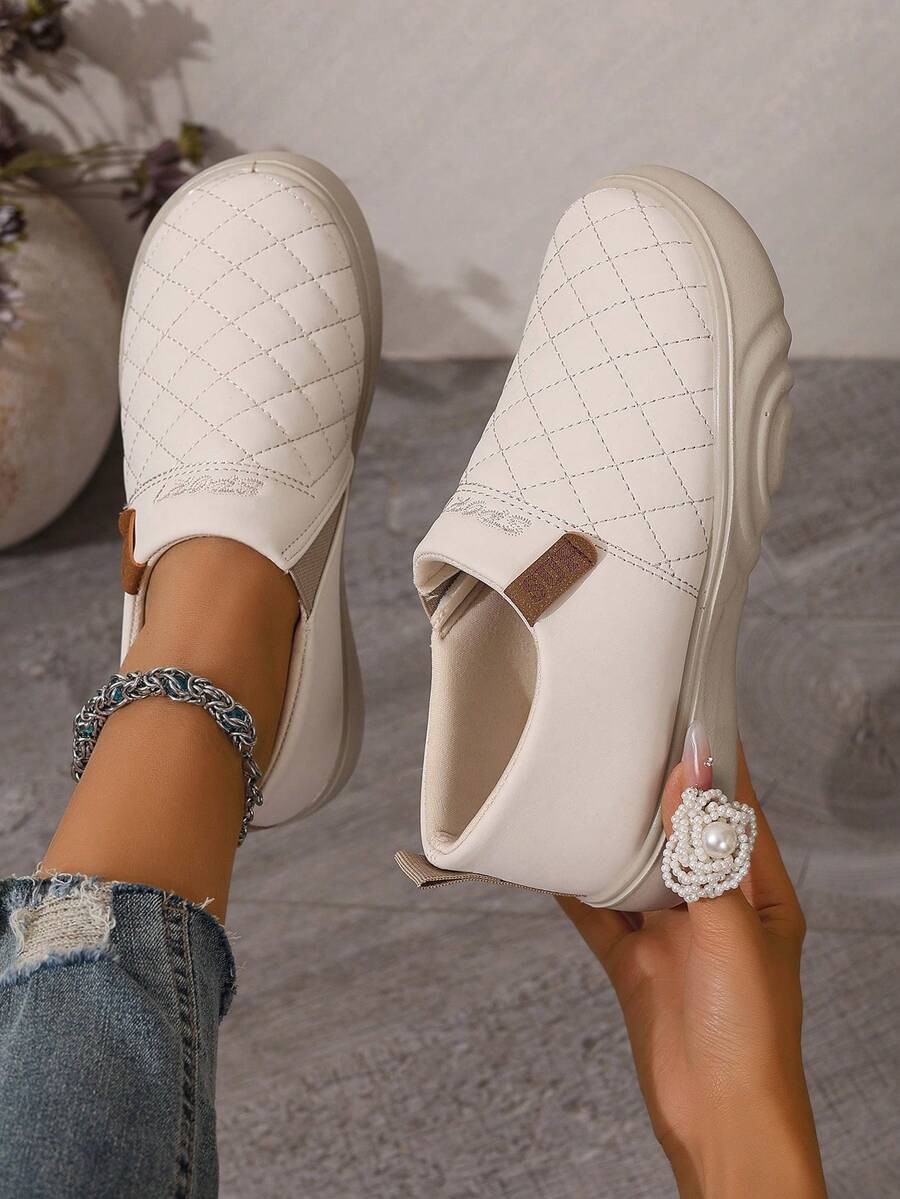 Mocassins de Plataforma de Bico Redondo com Padrão de Losango para Mulheres, Estilo Minimalista Casual para Uso Diário e Caminhada ao Ar Livre, Adequado para Primavera/Outono - off white - Visão 1