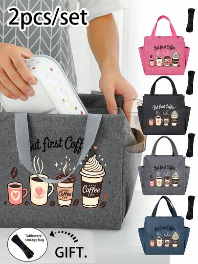 1/2pcs/Setthermal Bag, Insulated Bag With The "Four Cups Of Coffee" Pattern Paired With A Black Cutlery Storage Bag, Daily Refreshing Drink For Coffee Enthusiasts, A Double Pocket Lunch Box Bag, Large Capacity, Student Meal Insulated Refrigerated Bag, Portable Travel Picnic Bag, Office School Lunch Bag Insulated Lunch Box, Work Lunch Box, Work Office Holiday Lunch Box, And Multi-Functional Camping School Lunch Box For Both Men And Women(Four Colors To Choose From) ﻿