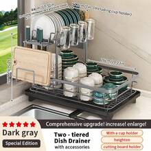 Kusuxva This Double-Layered, Large Metal And Carbon Steel Cutlery Rack Is Perfect For Kitchen Countertops. It's Space-Saving And Durable, Featuring Knife, Fork, And Cup Holders, As Well As A Drainer. The Rust-Resistant Design Makes Your Kitchen More Organized And Uncluttered. - 灰色 - 查看 9