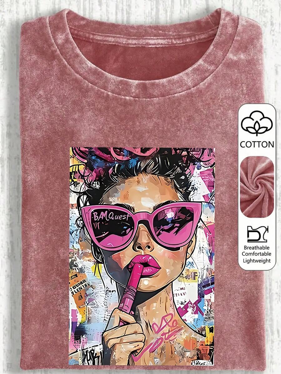 Women's Casual Retro Pop Art Girl Print Washed Round Neck Short Sleeve T-Shirt, Suitable For Spring, Summer And Autumn - Hot Pink - View 1