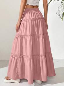 Women Casual Elastic High Waist Drawstring Pleated Layered Flowy Long Skirt Summer Boho Beach Vacation Holiday Going Out Valentine Maxi Skirt Outfits - 粉色 - 查看 2