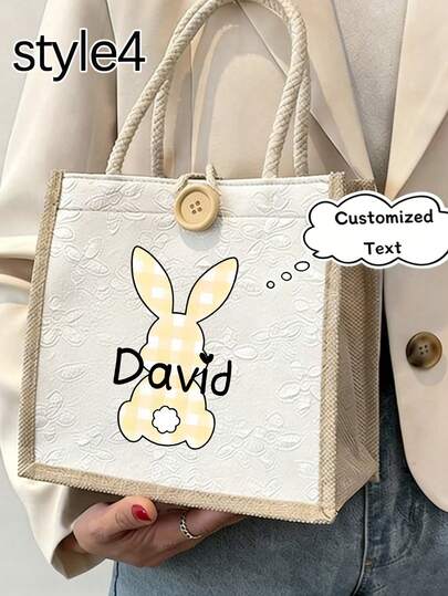 1pc Customizable Easter Party Linen Tote Bag, Customizable Easter Bunny Pattern Tote Bag, Customizable Name Logo Canvas Bag, Minimalist Large Capacity Tote Bag, Portable Casual Storage Tote Bag, Multifunctional Shopping Bag, Personalized Gift Bag, Suitable For Weddings, Birthdays, Beaches, Holidays, Great Gift For Ladies, Teachers, Friends, Bridesmaids, Easter Egg Bag, Creating Easter Atmosphere