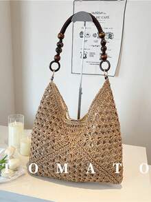1件夏季新款女士编织单肩包，大容量草编休闲腋下包，多功能沙滩单肩包，时尚度假沙滩包，磁扣开合，镂空设计 - 卡其色 - 查看 2