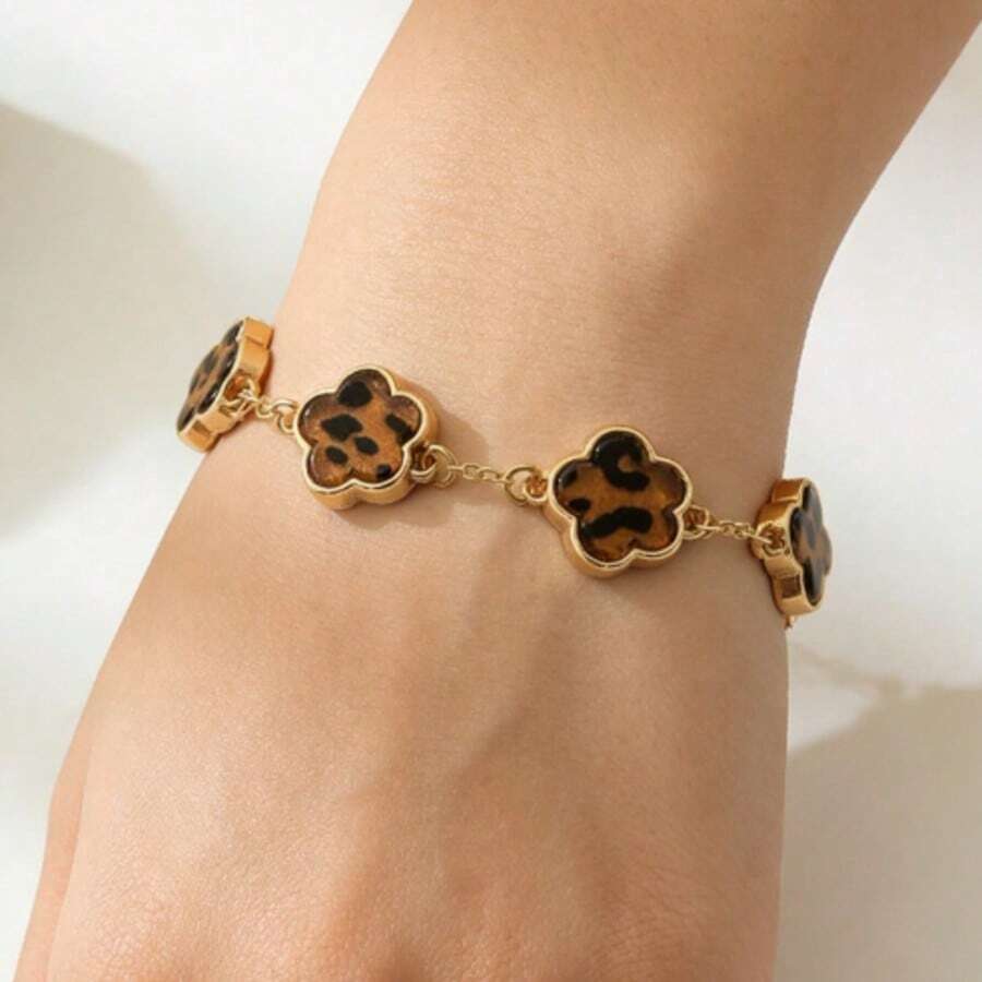 1件 2026新款法式复古豹纹四叶草吊坠手链 - 彩色 - 查看 1