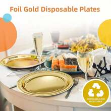 7" y 9" Platos de papel dorados, platos para ensalada, platos para postre, bandejas para fiestas, incluye platos, vasos y servilletas desechables, adecuados para pasteles, postres, ensaladas, hamburguesas, sándwiches, aperitivos, catering, fiestas de cumpleaños, bodas, campamentos al aire libre - Ver 7