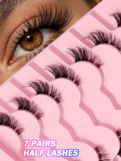 7 Pairs Half Eyelashes, Cat Eye Natural Slender Crossed Fluffy Curling Eyecorner Lashes, False Eyelashes,Eye Tail Elongation,Clear Band Fake Lashes ,For Daily Wear And Commuting And Party And Gift,Eyelashes,