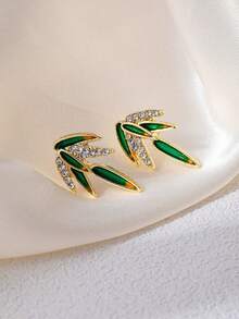 1 Pair Fashionable Minimalist Delicate Rhinestone Bamboo Leaf Stud Earrings, Suitable For Women's Daily And Holiday Wear - Bamboo Leaves - View 5