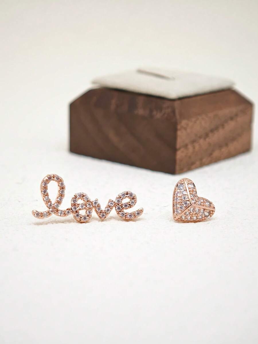 1 Pair Elegant Zirconia Love & Heart Stud Earrings Suitable For Women - Rose Gold - View 1