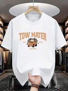 A Disney Men'S T-Shirt From The Cars Series Featuring Tow Mater Print, This Round-Neck Casual Tee Is Breathable And Lightweight, Perfect For Sports And Leisure Wear. It Has A Loose Fit, Making It Suitable For Gifting, Outings, And Parties - 白色 - 查看 2