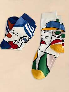 2/5 Pairs Mixed Color Random High-End Oil Painting Portrait Design Unisex Crew Socks, Unique Style - Multicolor - View 4