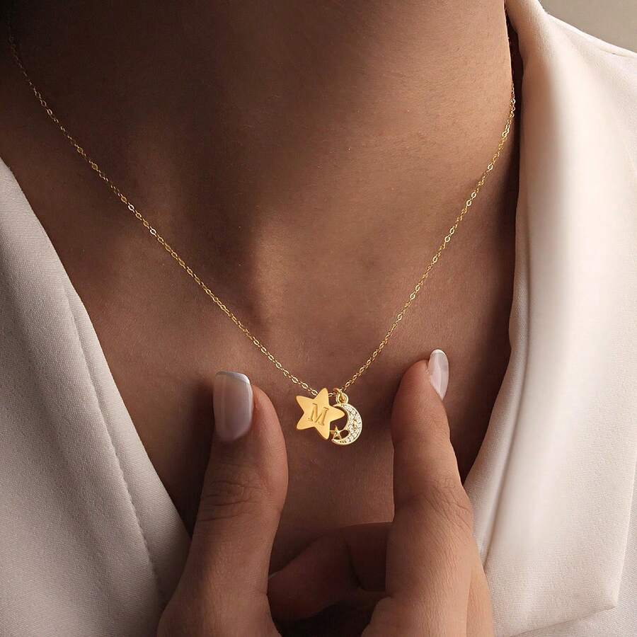 1 chiếc mặt dây chuyền hình trăng sao đơn giản cổ điển kèm dây chuyền thép không gỉ mạ vàng dành cho nữ - Vàng - Xem 1