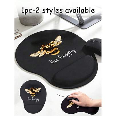 符合人体工学的腕托鼠标垫，可爱蜜蜂图案设计，印有“Bee Happy”字样。春日气息；高品质EVA材质，舒适柔软，透气性好，弹性佳，防滑记忆棉鼠标垫，隔热垫，舒适腕托，亲肤桌面支架