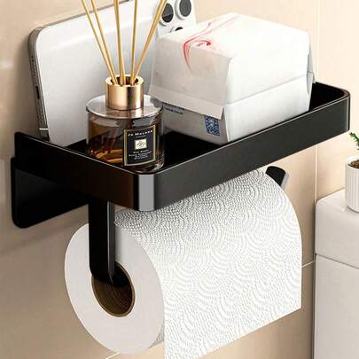 1 pièce Porte-essuie-tout autoadhésif mural, convient pour la cuisine et la salle de bain, distributeur de rouleaux de papier avec étagère de rangement, autoadhésif, noir mat