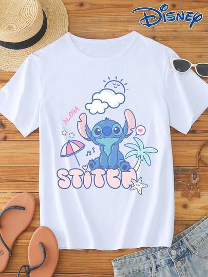 Disney 1pc Women's Short Sleeve T-Shirt, Cute Stitch Graphic Print Round Neck Stretchy Tee, Easy Care Fabric, Suitable For Daily Wear, Fashionable Women's Short Sleeve T-Shirt, Casual Wear