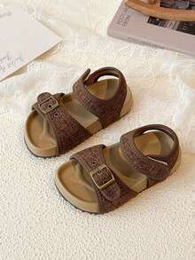 2026夏季新款女童编织凉鞋，魔术贴柔软防滑透气沙滩鞋，幼儿及小童休闲鞋 - 棕色 - 查看 1