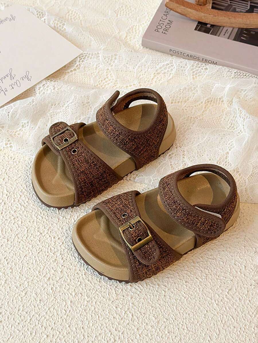2026夏季新款女童编织凉鞋，魔术贴柔软防滑透气沙滩鞋，幼儿及小童休闲鞋 - 棕色 - 查看 1