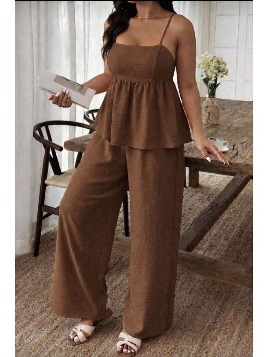 Women's Set: Wide-Leg Pants And Elegant Blouse/Tunic Set In Duna Fabric - 摩卡棕 - 查看 1
