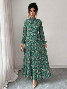Spring Fall Floral Print Stand Collar Dress Women's Long Sleeve Zipper Front Self-Tie Waist Pleated Midi Dress - 綠色 - 查看 5