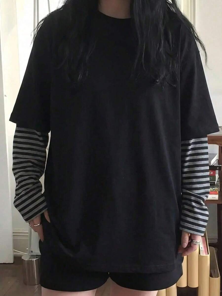 JUTUQU Spring Black Vintage Striped Patchwork Sleeve Women's T-Shirt, Versatile Party Wear 2026 Round Neck Long Sleeve Top Casual - 2A19 Black - View 1
