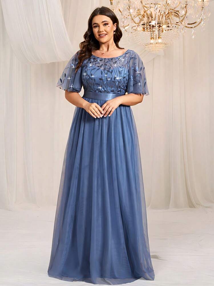 EVERPRETTY Plus Size Elegant Sequin & Mesh Patchwork Light Blue Bridesmaid Evening Dress, Spring/Summer Wedding Guest Gown, Party Dress, Mother Of The Bride Dress