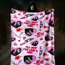 1PC Ghostface Y2K Horror Flannel Throw Blanket 50"X60" (Multiple Sizes) - All-Over Repeat Print With Pink Heart Ghostface,  & 'I'LL CUT YOU LIKE A FISH' Quote, Tapestry Wall Hanging, Halloween Gift, Room Decor, Perfect For Sofa, Bed, Office, Edgy Horror Gift - multicolour 14 - 查看 3