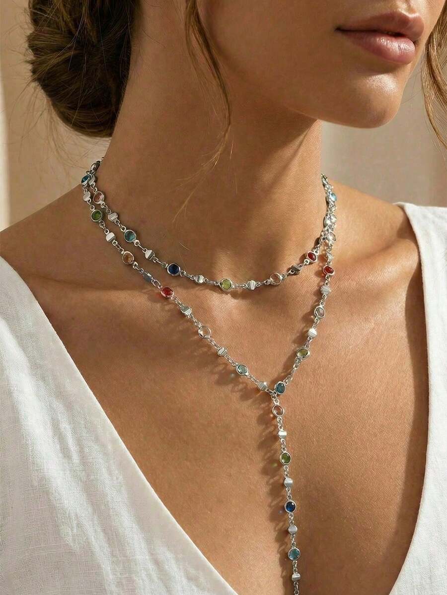 1件时尚彩色流苏项链，独特的Y形项链，适合派对、度假、送礼、日常佩戴 - 銀色 - 查看 1