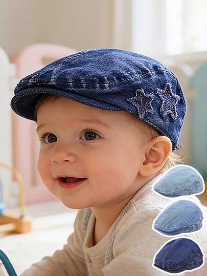 1-3 Years Old Toddler Beret Hat, Spring & Autumn, Star Pattern Denim Baseball Cap, Lightweight Sun Hat, Retro Newsboy Cap, Unisex Kids Sun Protection Hat