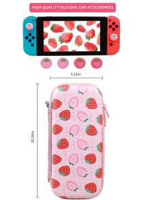 Portable Carrying Case, Cute Pink Strawberry Design With Shoulder Strap And Joystick Cap Set - View 7